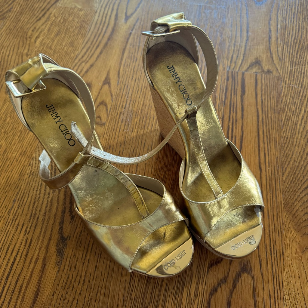Jimmy Choo Pela Gold Leather & Cork Wedges | Size 38